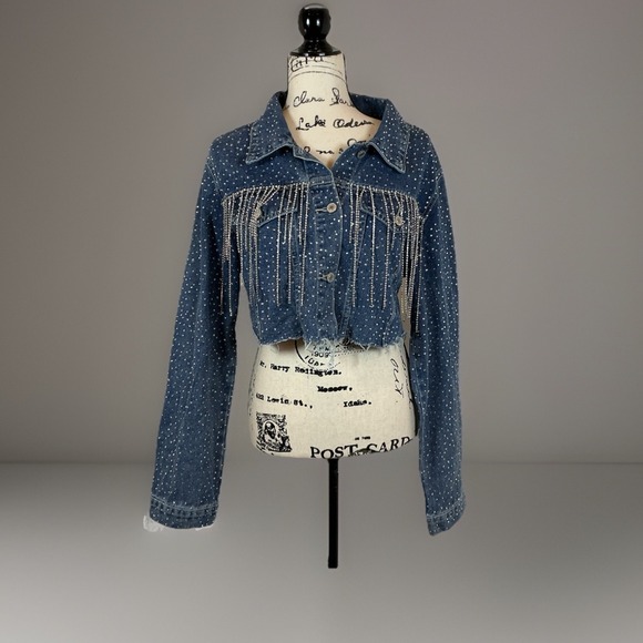 Emerson Lang Rhinestone Fringe Denim Jacket Cropped Blue Jean Bling Festival - Picture 1 of 9